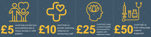 £5 could help provide toys and entertainment to reduce anxiety in child patients; £10 could help us provide well-being initiatives for hardworking staff; £25 could help create a calmer hospital environment for patients with additional needs; £50 could help us fund cutting edge medical equipment